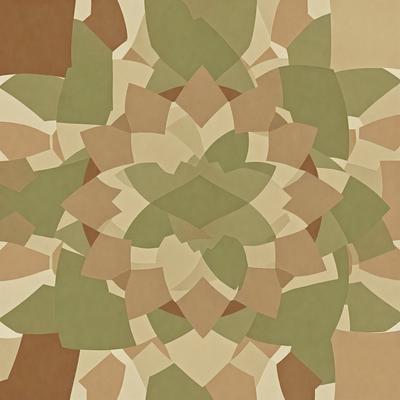 The primary subject of the image is a large, intricate, and colorful design, which appears to be a pattern or a piece of art. The setting is a wall, and the visual style is a combination of digital art and illustration. The dominant colors in the image are green, brown, and beige, creating a warm and earthy atmosphere.